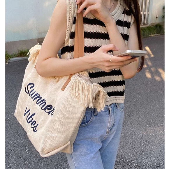 Luxe Vegan Leather Straps Summer Vibes Large Travel Beach Bag - Picture 6 of 10